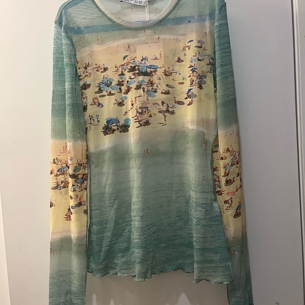 Zara Multicolor Beach Scene Long Sleeve Top